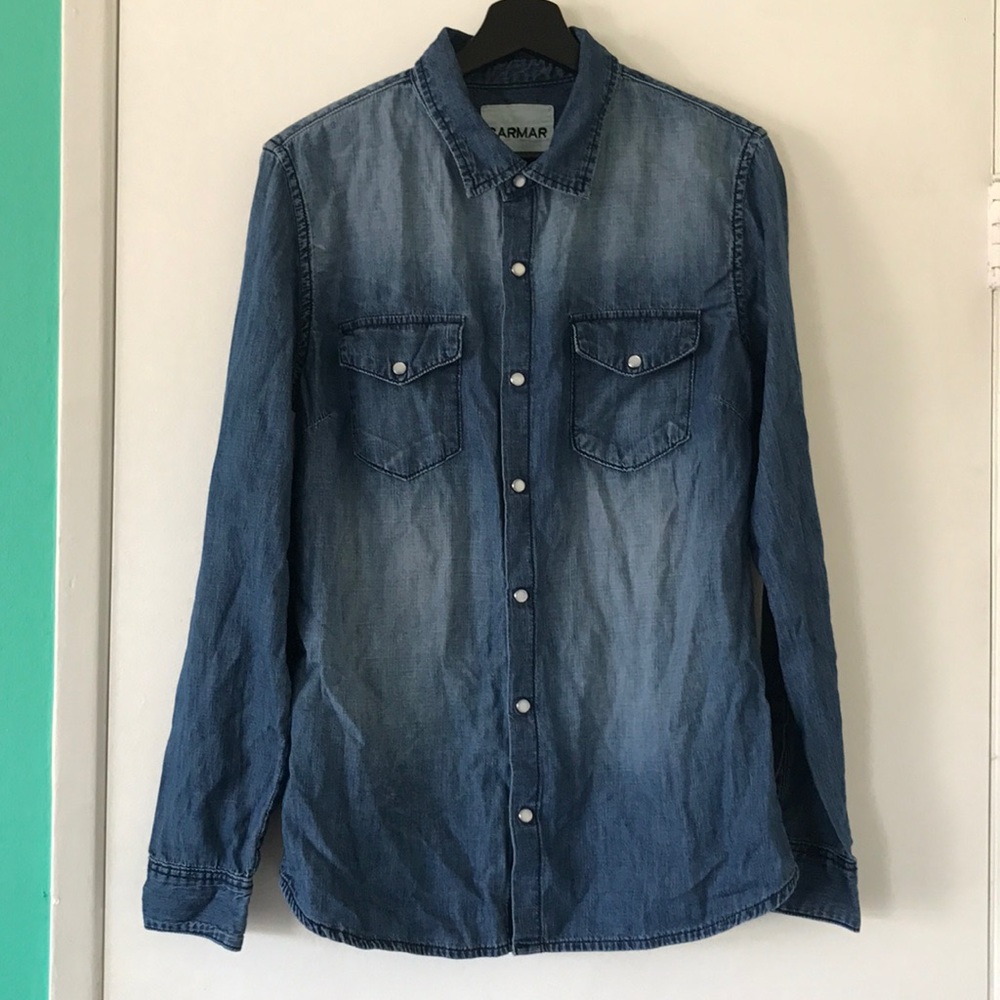 LF carmar light wash denim button up shirt